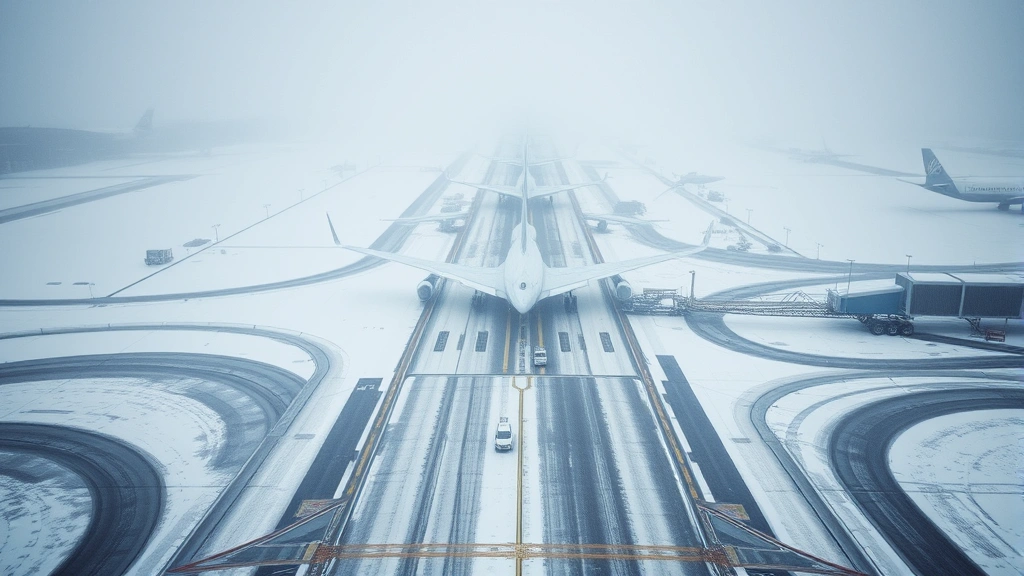 Aerial view of Detroit airport runway during light snow conditions with ground service vehicles and aircraft, winter weather creating visibility challenges, professional aviation operations