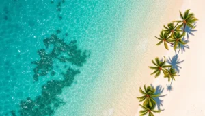 Overhead view of turquoise Caribbean ocean near white sand beach and palm trees, Tulum Mexico coastline, tropical vacation destination, daytime sunny weather