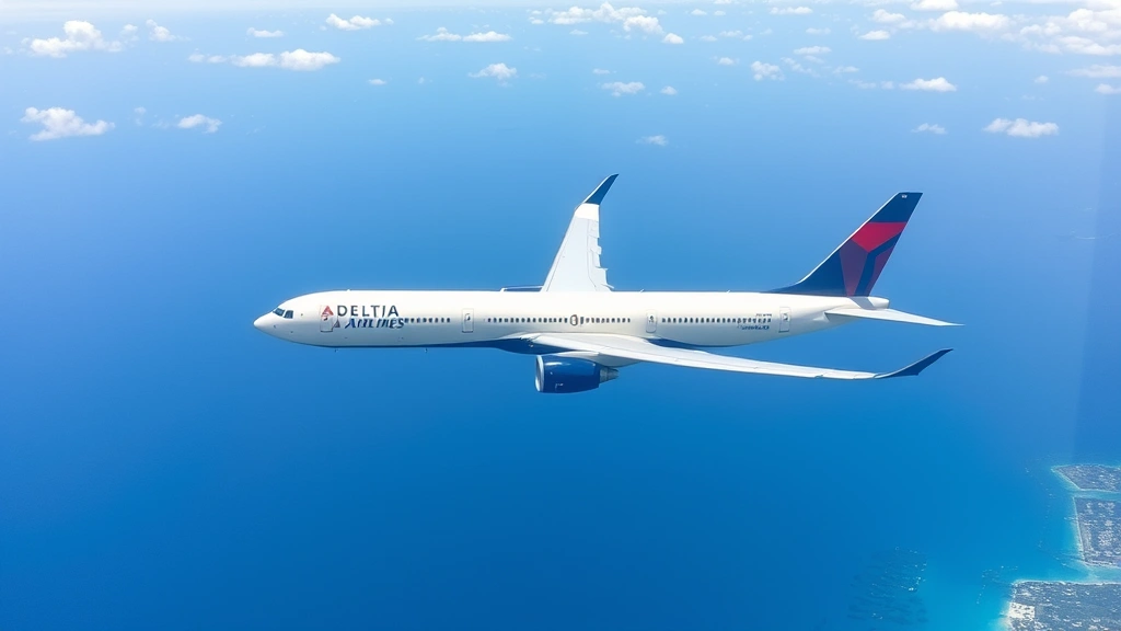 Modern commercial aircraft fuselage and wing during flight over blue ocean, Delta Airlines plane in sky, tropical destination approach, clear visibility