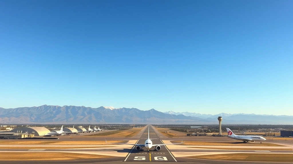 Aerial view of Denver International Airport with mountains in background, aircraft taxiing on runway, clear blue sky, professional aviation photography