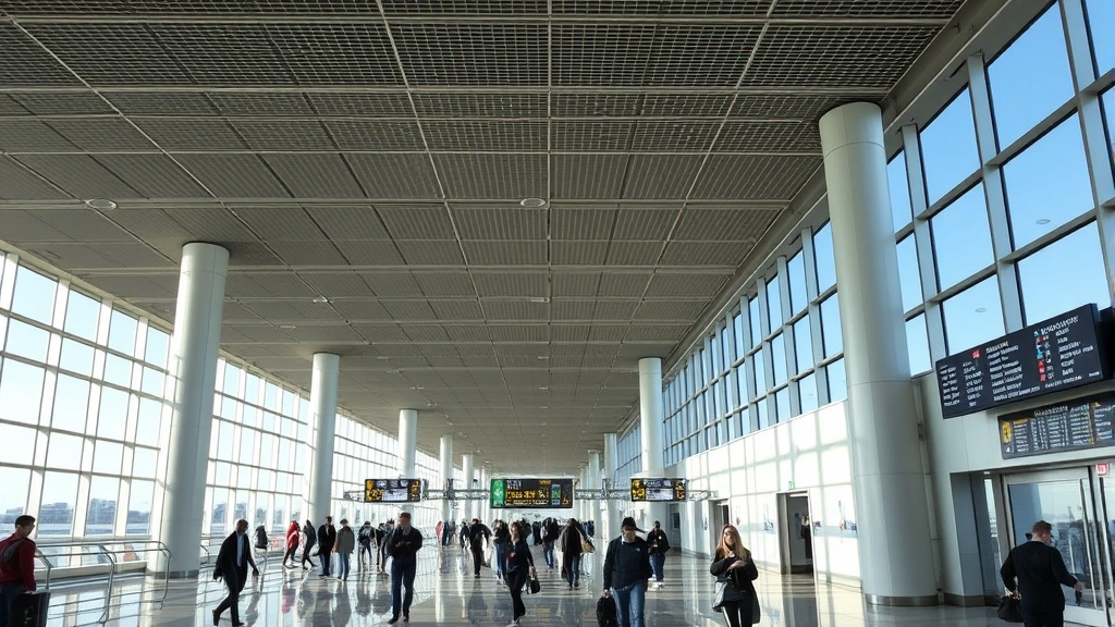 Dallas-Fort Worth International Airport terminal interior with travelers walking through modern concourse, departure boards visible, natural lighting from windows