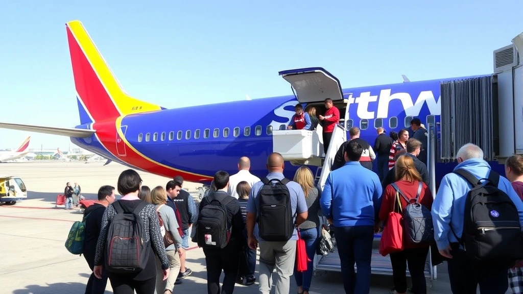 Passengers boarding Southwest Airlines aircraft at gate, airline staff assisting, blue and red aircraft livery visible, airport jet bridge connection