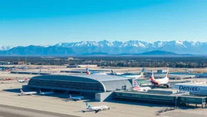 Aerial view of Denver International Airport with mountains in background, modern terminal building visible, commercial aircraft parked at gates, clear blue sky, daytime photography