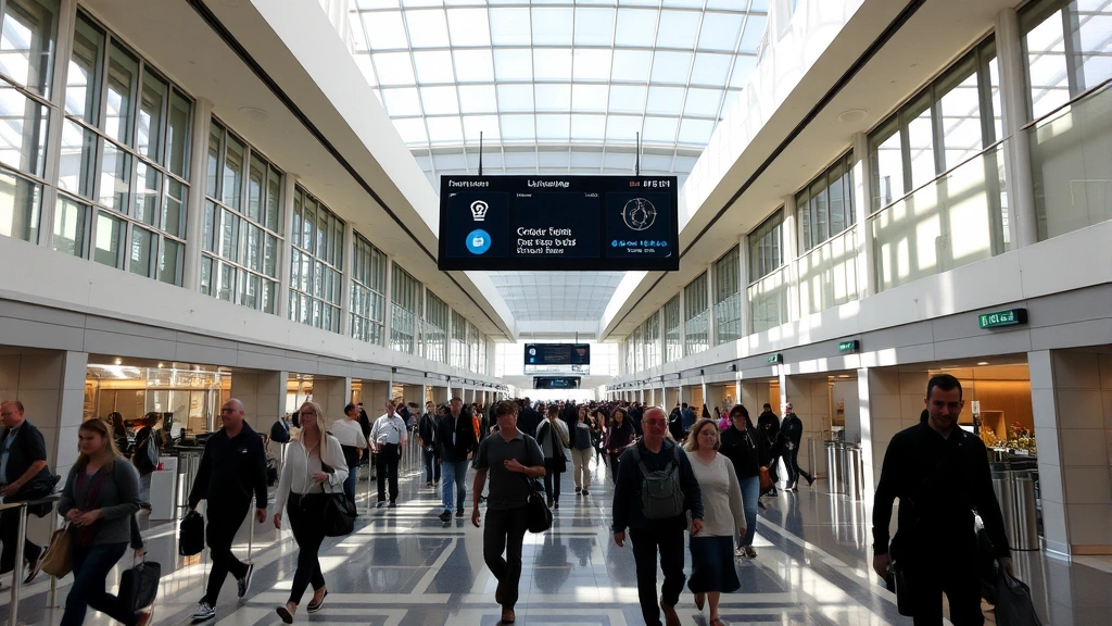 Interior of Las Vegas airport terminal with travelers walking, modern architecture, natural light from windows, busy but organized passenger flow, contemporary design elements