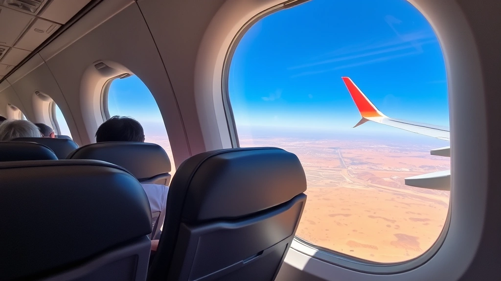 Airplane cabin interior during flight showing comfortable economy seats, window view of desert landscape below, wing visible, mid-flight atmosphere, passengers seated comfortably
