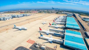 Aerial view of Los Angeles International Airport (LAX) tarmac with commercial aircraft parked at gates, sunny California weather, blue sky background, realistic daytime photograph