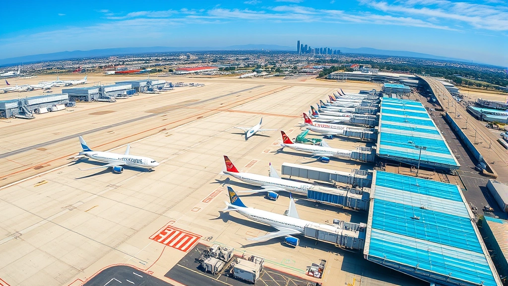 Aerial view of Los Angeles International Airport (LAX) tarmac with commercial aircraft parked at gates, sunny California weather, blue sky background, realistic daytime photograph