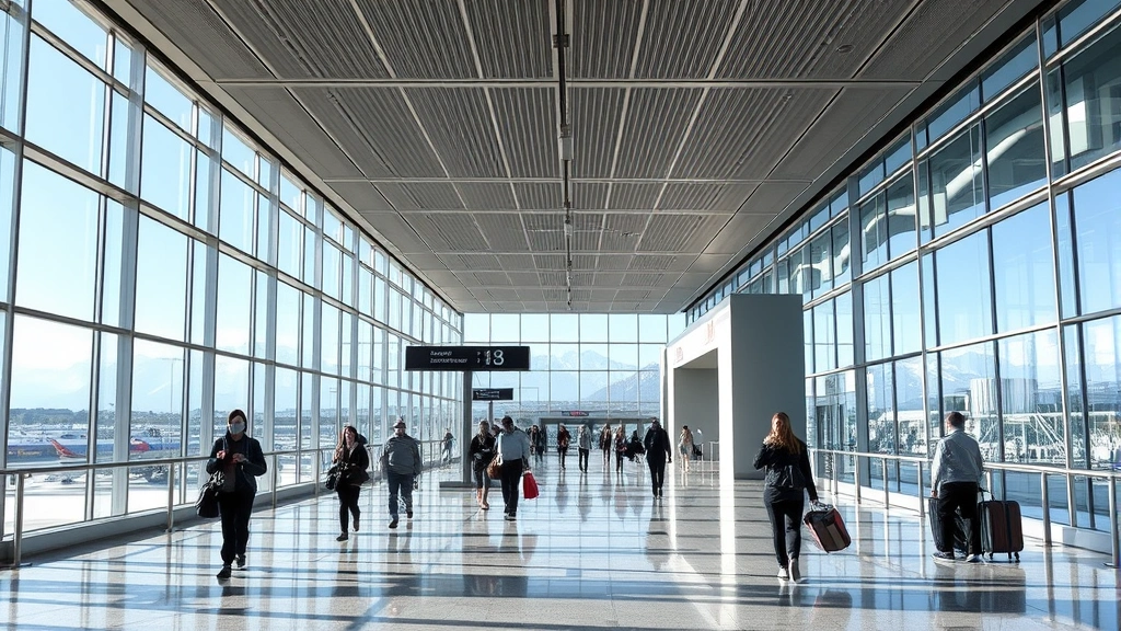Denver International Airport (DEN) modern terminal interior with travelers walking through bright hallway, natural lighting through large windows, mountain view visible outside, realistic contemporary airport setting