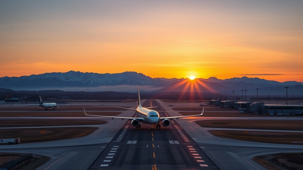 Aerial view of Denver International Airport runway at sunrise with snow-capped Rocky Mountains in background, commercial aircraft taking off, realistic professional travel photography