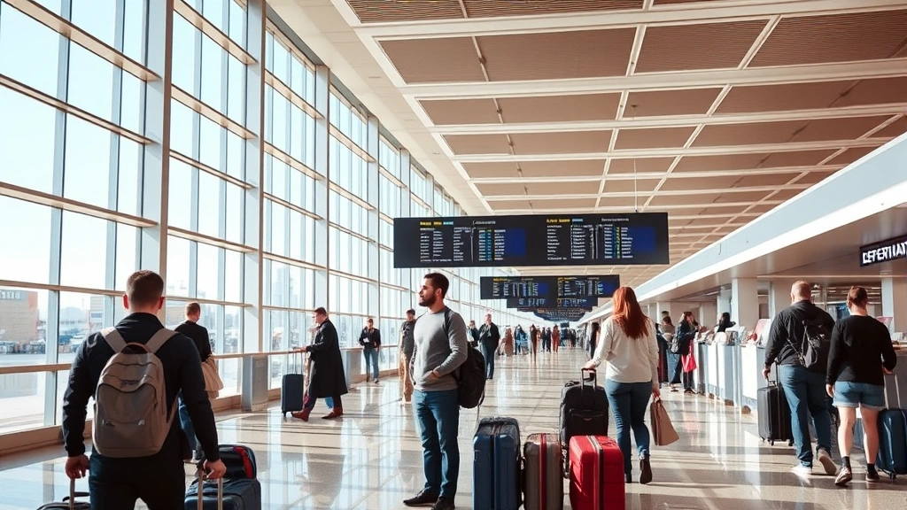 Inside modern airport terminal with passengers checking luggage at ticket counter, departure boards visible, busy travel scene with natural lighting, realistic airport atmosphere