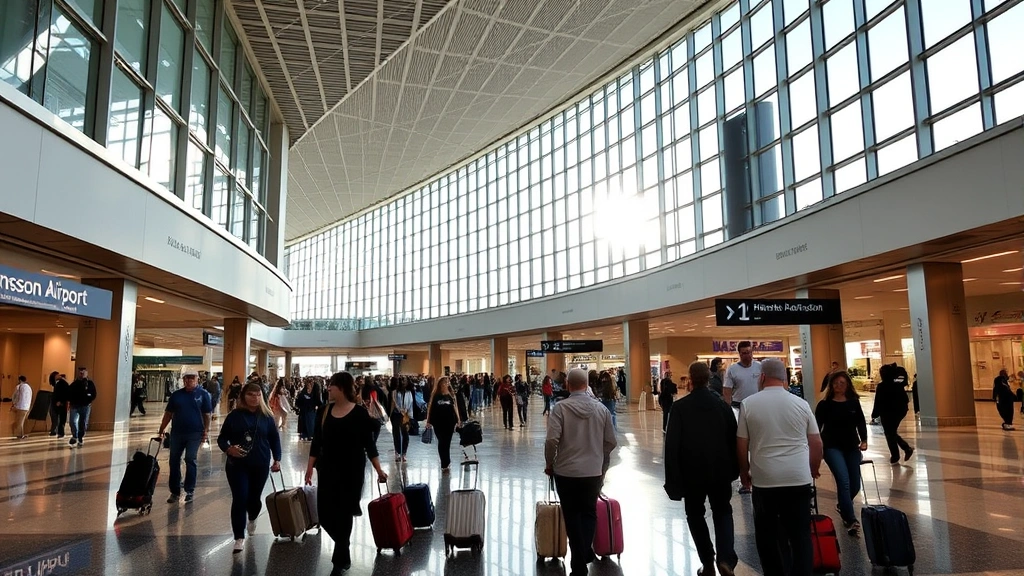 Hartsfield-Jackson Atlanta International Airport interior showing modern architecture, travelers with luggage walking through terminal, bright natural light from large windows, bustling hub scene