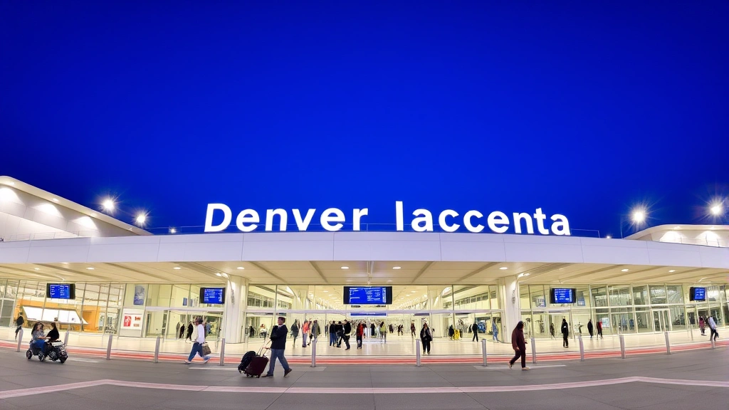 Denver International Airport terminal exterior with modern architecture, wide angle view showing check-in area and travelers with luggage, bright professional lighting, daytime