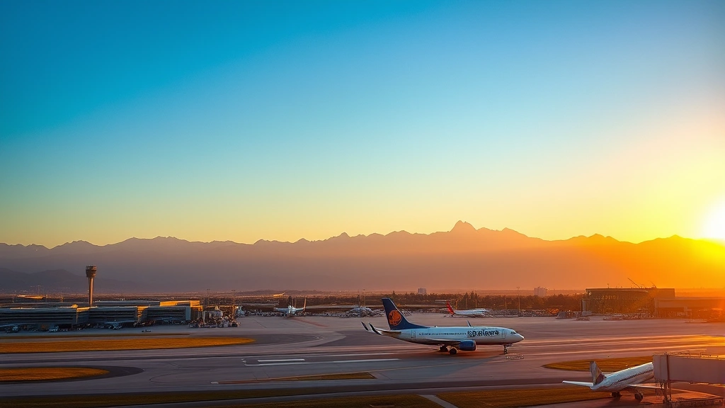 Scenic view of Denver airport with Rocky Mountains visible in background and commercial aircraft on tarmac during golden hour sunset