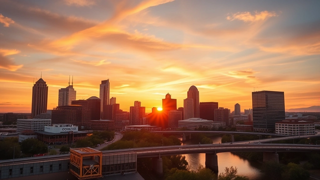 Austin city skyline at sunset with Congress Avenue Bridge and Colorado River visible, warm golden light reflecting off downtown buildings, vibrant evening atmosphere