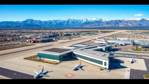 Aerial view of Denver International Airport with Rocky Mountains in background, modern terminal building, aircraft at gates, bright daylight, wide-angle landscape photography