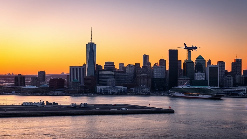 Boston Logan International Airport with downtown Boston skyline visible, aircraft landing over harbor, Charles River visible, sunset lighting, professional aviation photography