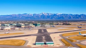 Aerial view of Denver International Airport with Rocky Mountains in background, commercial aircraft on runway, clear blue sky, professional aviation photography