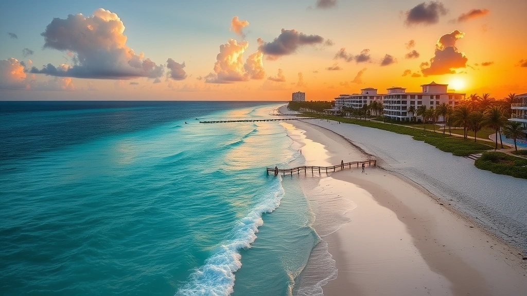 Turquoise Caribbean waters and white sand beach in Cancun with resort buildings, palm trees, and sunset lighting, vibrant travel destination imagery