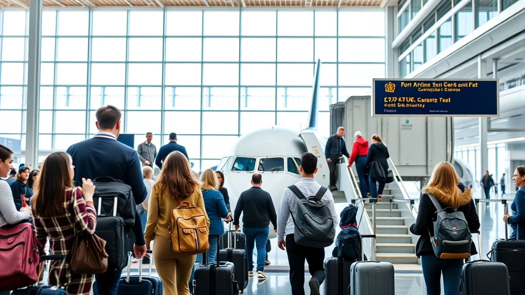 Passengers boarding modern aircraft at gate, diverse travelers with luggage, bright airport terminal interior, professional travel and aviation setting