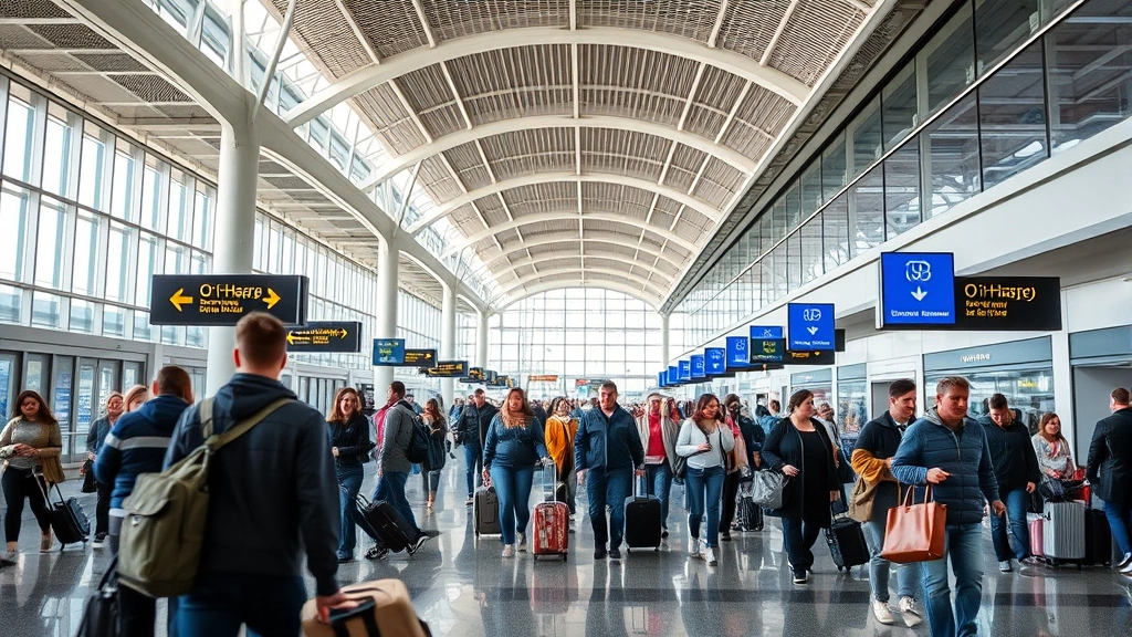 Busy Chicago O'Hare or Midway airport terminal interior showing travelers with luggage navigating modern airport architecture, natural daylight from windows, diverse passengers, realistic airport environment