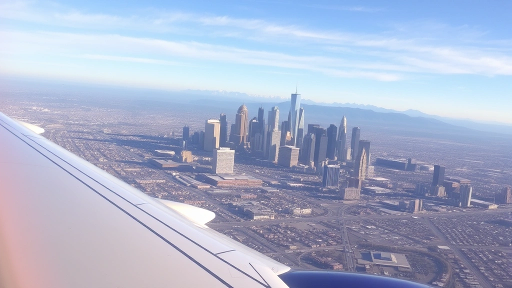 Aerial view of Denver city skyline with airplane wing visible in foreground during daytime flight, showing downtown skyscrapers and clear mountain vista, taken from aircraft window during commercial flight