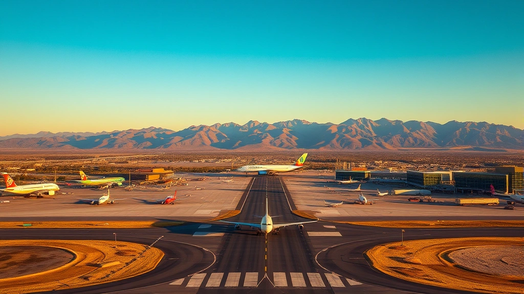 Photorealistic aerial view of Denver International Airport with mountains in background during golden hour, showing commercial aircraft on runway, clear sky, professional aviation photography