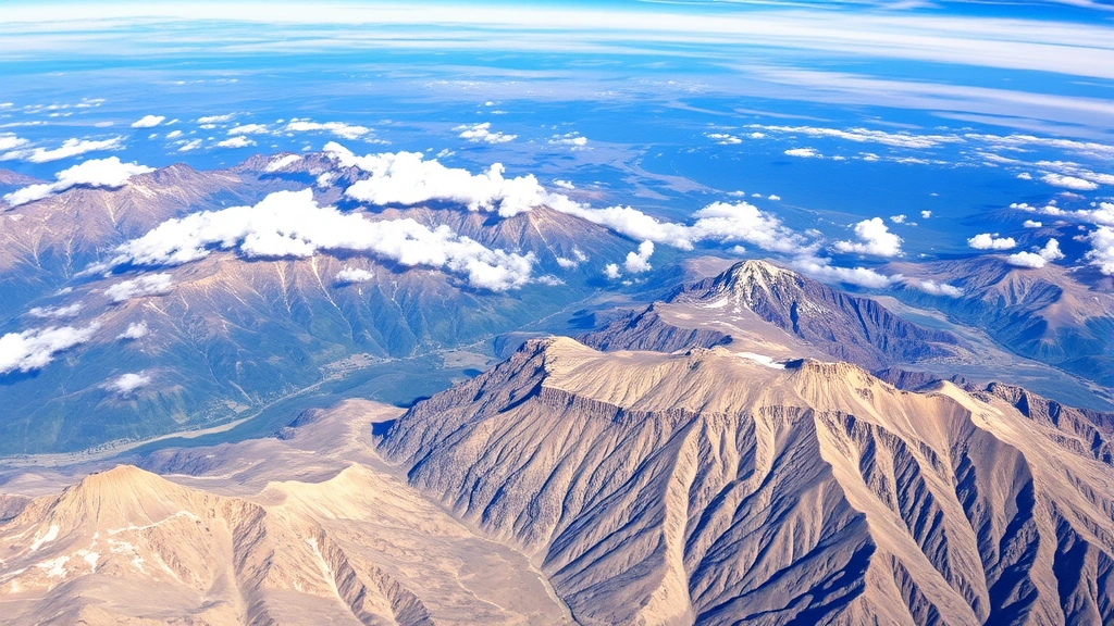 High-altitude photograph of Rocky Mountain terrain between Denver and Colorado Springs, showing dramatic peaks, valleys, and weather patterns, natural landscape without text