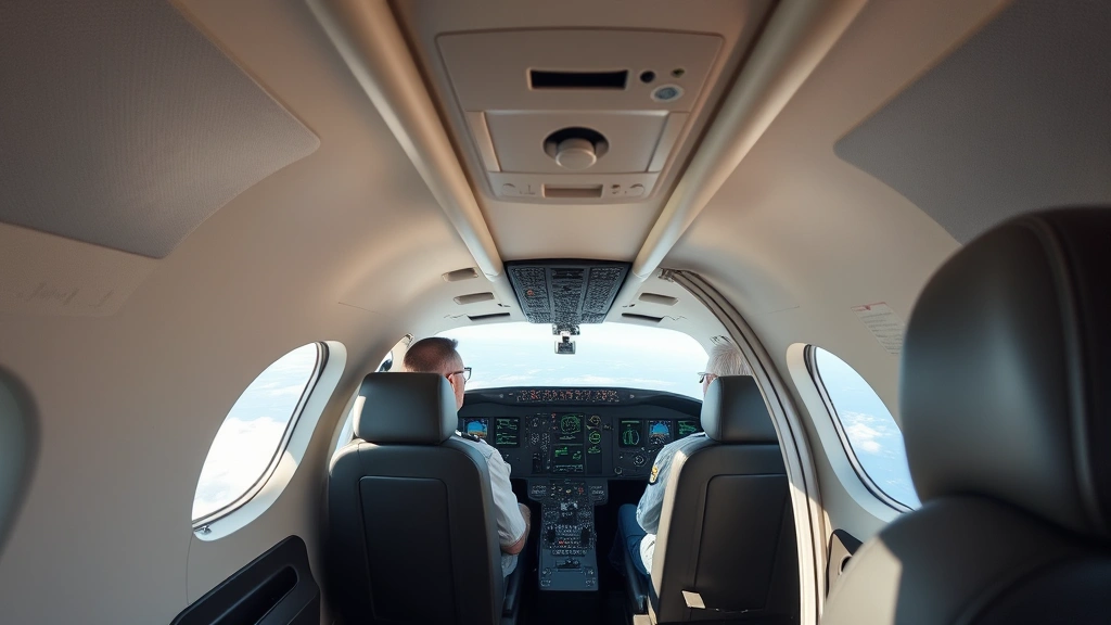 Interior cabin view of regional aircraft during flight with pilots in cockpit visible through open door, showing modern avionics and control panels, professional aviation setting