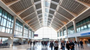Denver International Airport modern terminal interior with passengers walking through contemporary architectural space, natural lighting, bustling travel environment