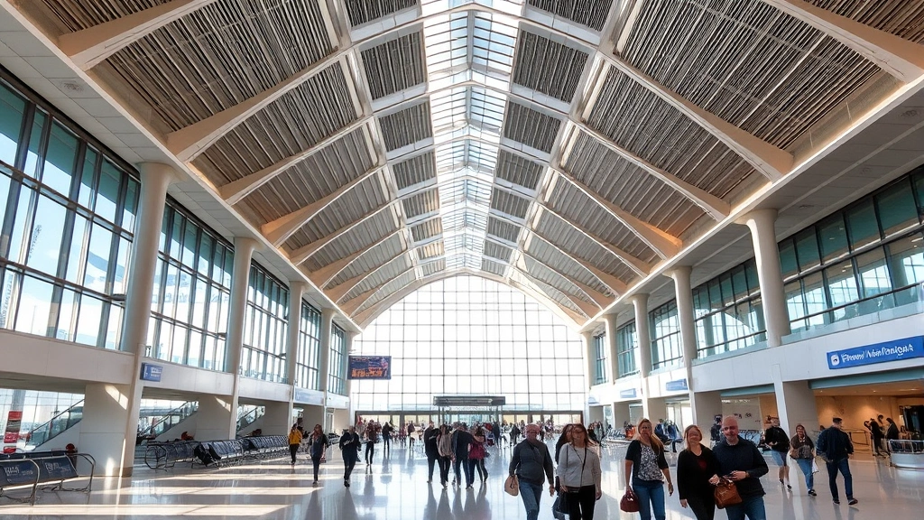 Denver International Airport modern terminal interior with passengers walking through contemporary architectural space, natural lighting, bustling travel environment