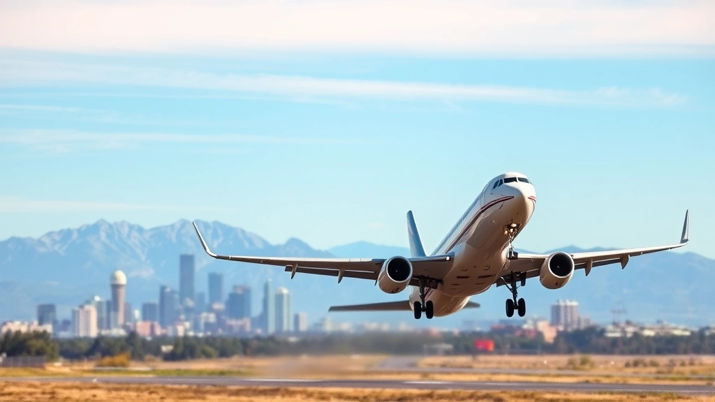 Airplane ascending from runway with Denver city skyline and Rocky Mountains visible in background, clear blue sky, commercial aircraft in flight