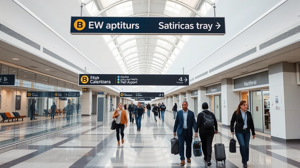 Dallas Fort Worth Airport terminal corridor with travelers moving through, modern architecture, airport signage, professional business travel atmosphere