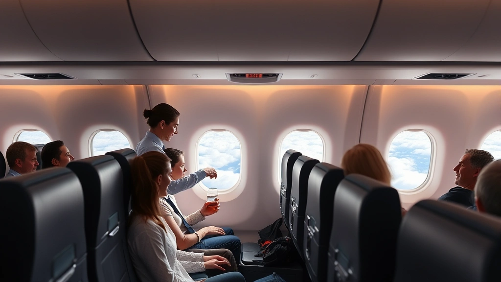 Interior of modern aircraft cabin with passengers in economy seats, window seat showing clouds and landscape below, cabin crew serving beverages, comfortable seating arrangement