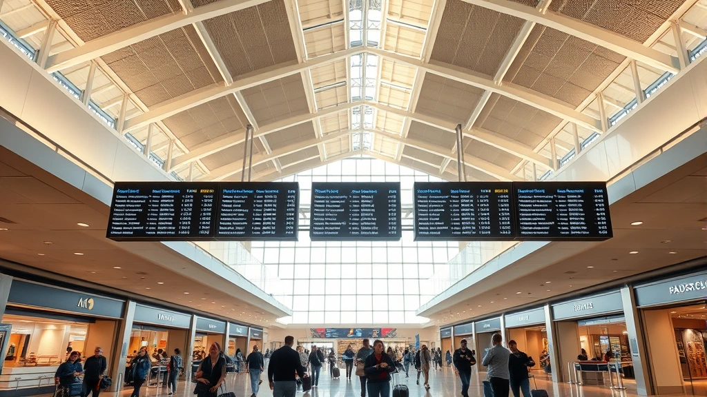 Houston airport terminal interior showing departure boards, modern architecture with natural lighting, travelers walking with luggage, contemporary airport design with shops and restaurants visible