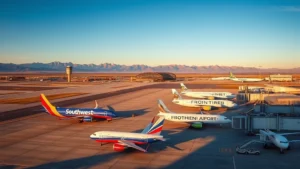 Aerial view of Denver International Airport tarmac with Southwest and Frontier aircraft lined up, clear Colorado landscape in background, daytime lighting