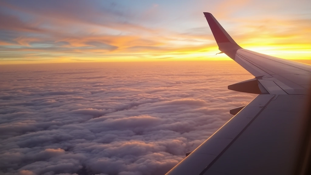 Scenic transatlantic flight view from aircraft window showing clouds below and horizon at dawn, wing of modern commercial jet visible, golden sunrise light