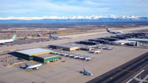 Aerial view of Denver International Airport with snow-capped Rocky Mountains in background, modern terminal buildings, commercial aircraft on tarmac