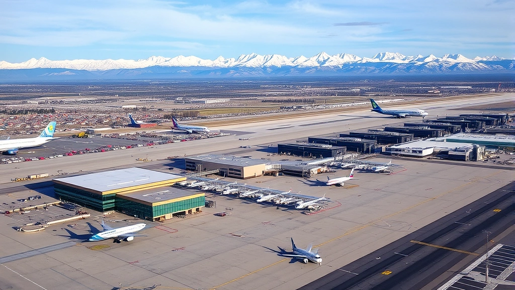 Aerial view of Denver International Airport with snow-capped Rocky Mountains in background, modern terminal buildings, commercial aircraft on tarmac