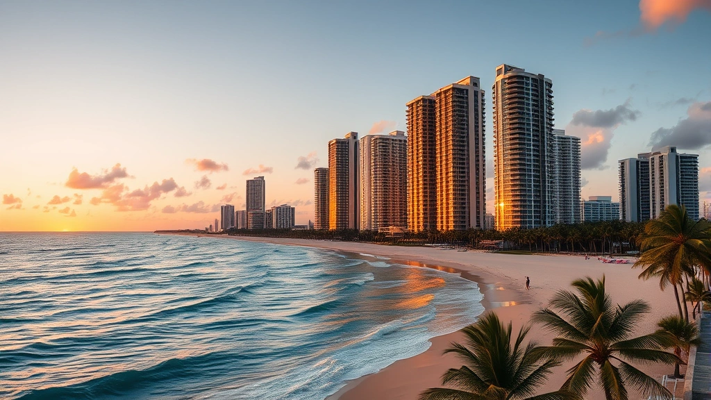 Miami beachfront skyline during golden hour sunset, turquoise ocean waves, modern high-rise buildings reflecting orange light, palm trees silhouetted
