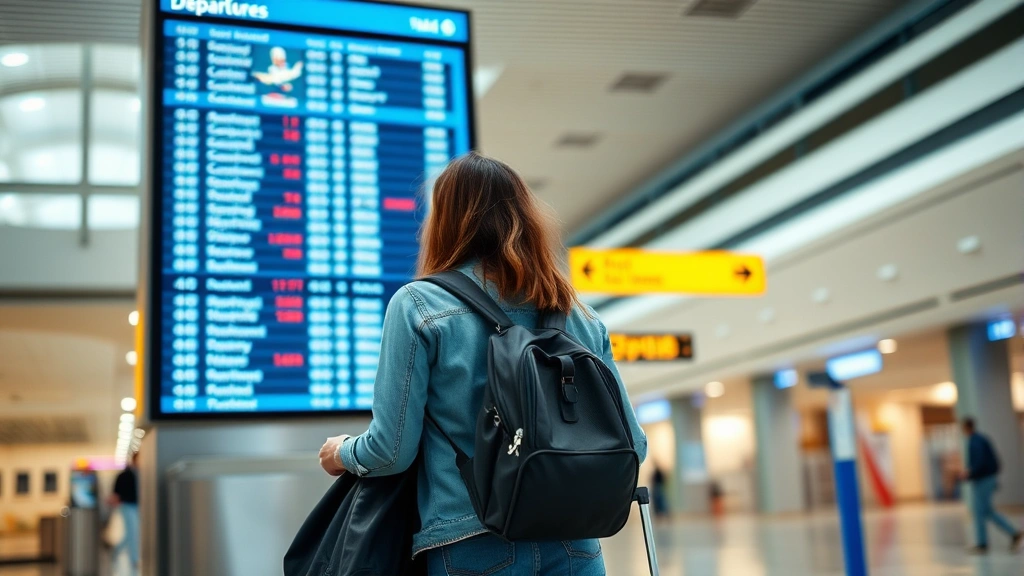 Passenger checking flight information on airport departure board, holding luggage, casual travel attire, modern airport terminal interior with bright lighting