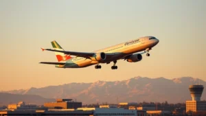 Modern commercial airplane taking off from Denver International Airport with Rocky Mountains visible in background during golden hour sunset light, clear skies