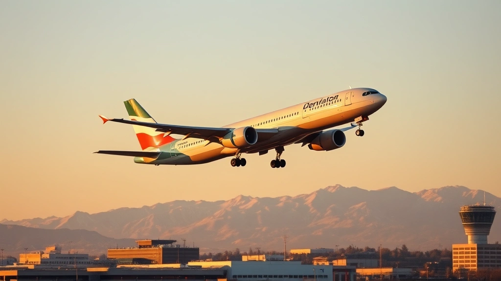 Modern commercial airplane taking off from Denver International Airport with Rocky Mountains visible in background during golden hour sunset light, clear skies