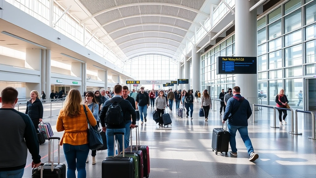 Busy Nashville International Airport terminal interior showing travelers walking with luggage, modern architecture, bright natural lighting from windows