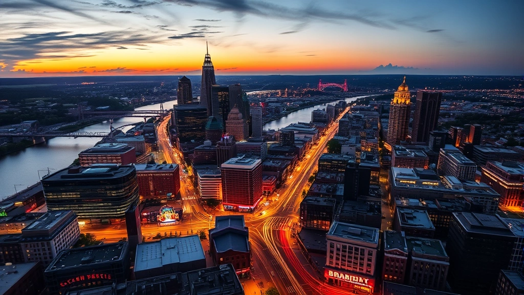 Aerial view of Nashville cityscape showing illuminated Broadway entertainment district at dusk with Cumberland River visible, urban landscape