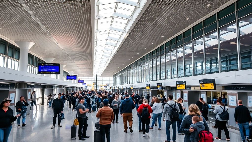 Denver International Airport departure hall with passengers checking in, modern architecture, natural lighting from skylights, busy but organized terminal atmosphere