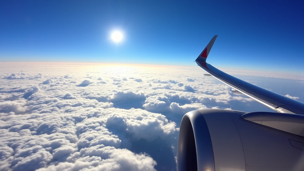 Commercial aircraft cruising above clouds at high altitude with sunlight reflecting off fuselage, clear blue sky, view from wing perspective showing engine and landscape below