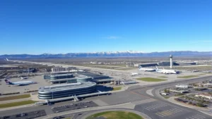 Aerial view of Denver International Airport with Rocky Mountains in background, modern terminal architecture, daytime with clear sky, wide angle landscape perspective