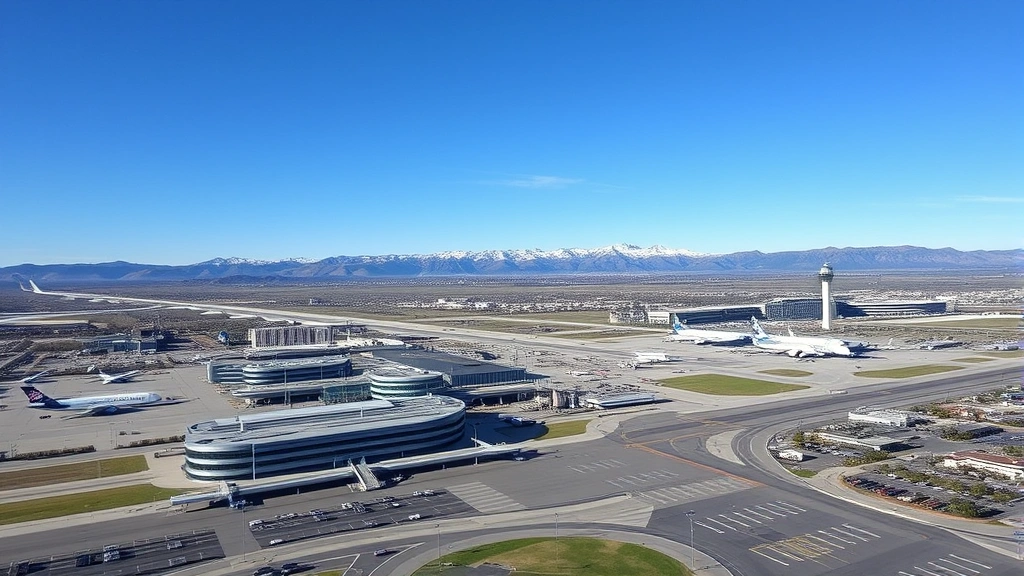 Aerial view of Denver International Airport with Rocky Mountains in background, modern terminal architecture, daytime with clear sky, wide angle landscape perspective