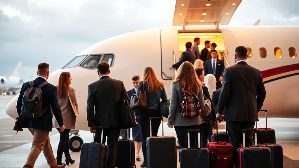 Passengers boarding modern commercial aircraft at gate with jetway, business and leisure travelers with carry-on luggage, professional airline staff in uniform, warm cabin lighting