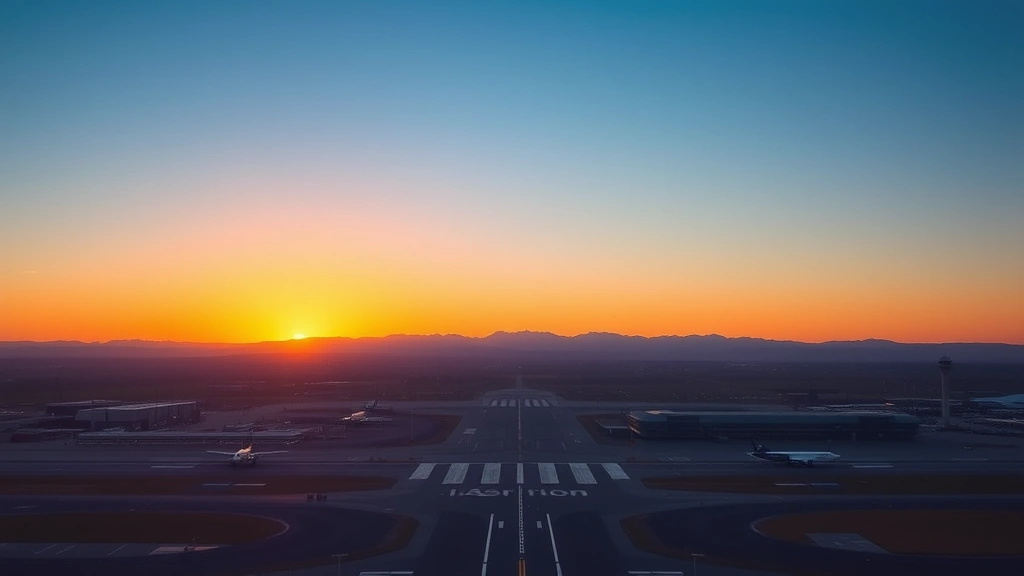 Aerial photograph of Denver International Airport during sunset with mountains visible in background, aircraft on runway, clear blue sky, photorealistic travel photography